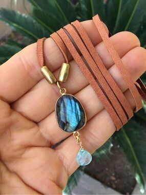 Natural Labradorite Aquamarine leather suede cord Sundance Charm Necklace